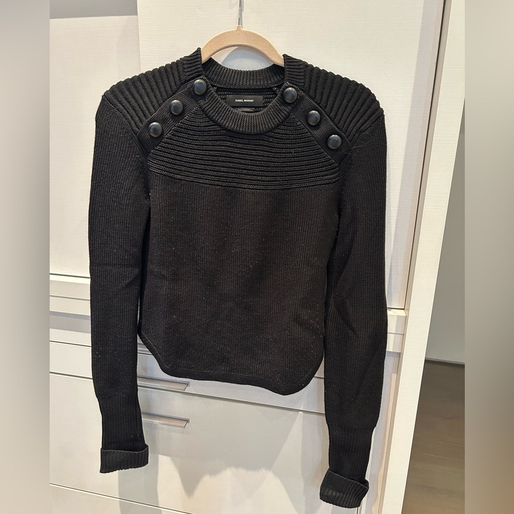 Isabel Marant Black Ribbed Button-Shoulder Crewneck Sweater